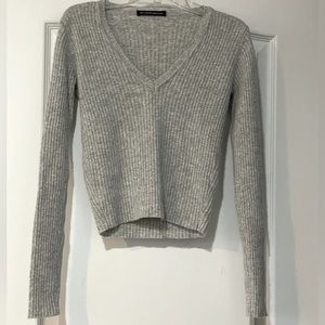 Brandy Melville Milena Gray Knit Ribbed V Neck Sweater